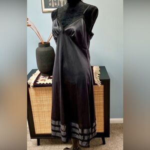 Vintage Sears Black Satiny Slip Dress Lace Trim and Decorative Stripe Border 38